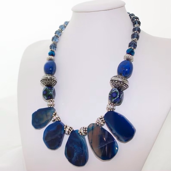 Handmade Jewelry - Flat Agate Stone Royal Blue Statement Necklace